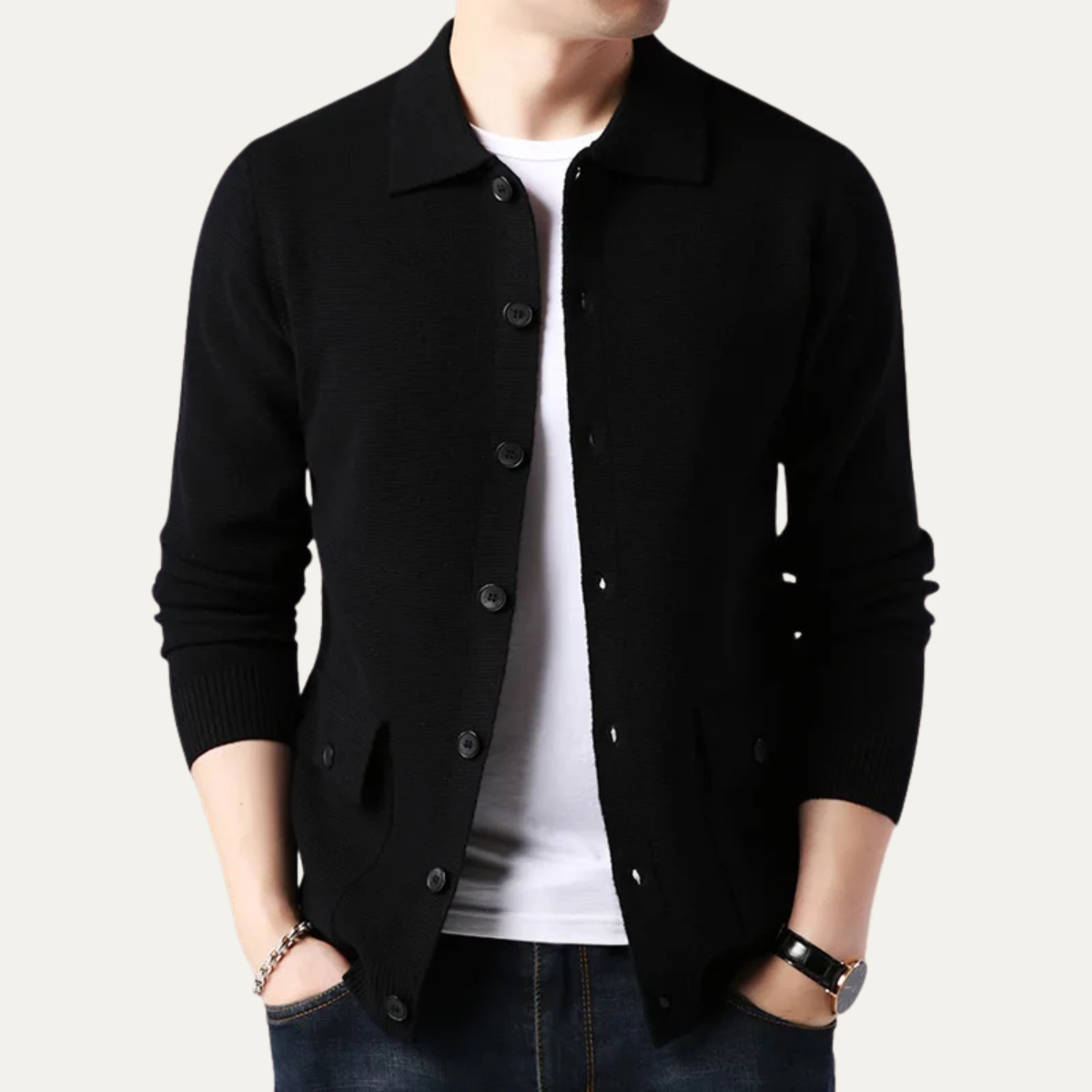 The Skye Men’s Knit Button Front Cardigan with Turn Down Collar