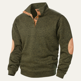 The Oakcrest Men's Stand Collar Fleece Sweater with Suede Elbow Patches