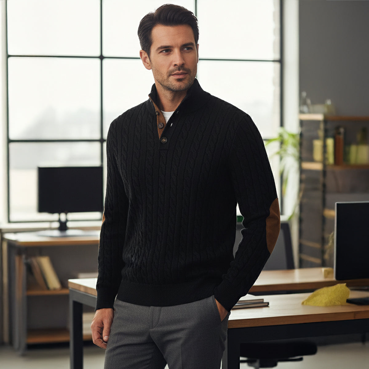 The Stamford Men's Cable Knit Collar Stand Sweater